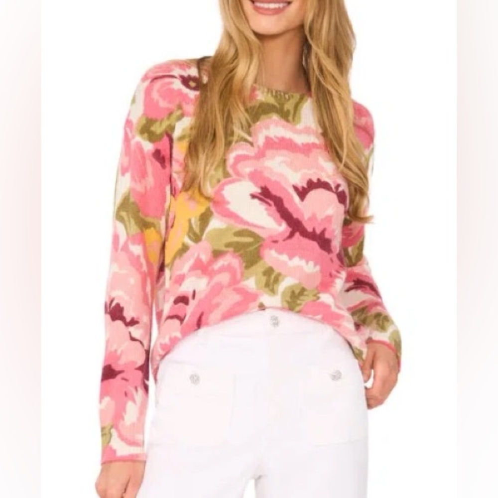 CECE Spring Floral Thin Knit Sweater Pink Yellow Green